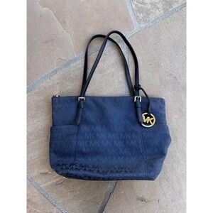 MICHAEL KORS Two Tone Logo SIGNATURE TOTE SHOULDER BAG - Navy Blue Medium